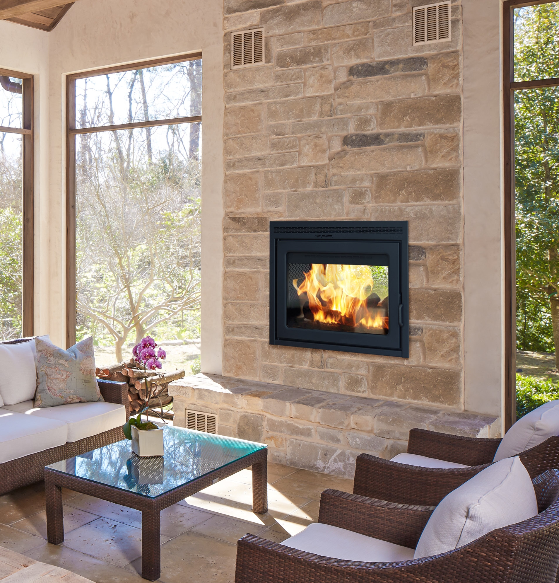 Indoor wood burning fireplace design